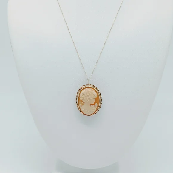 Vintage 14k Carved Shell Cameo Brooch Pendant Necklace - Picture 4 of 9